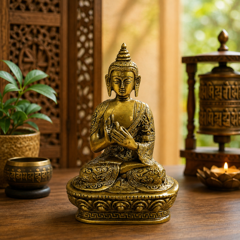 AROOTI Decorative Brass Buddha Statue | 17 cm Sitting Buddha Idol for Home, Office, Meditation Room & Spiritual Decor