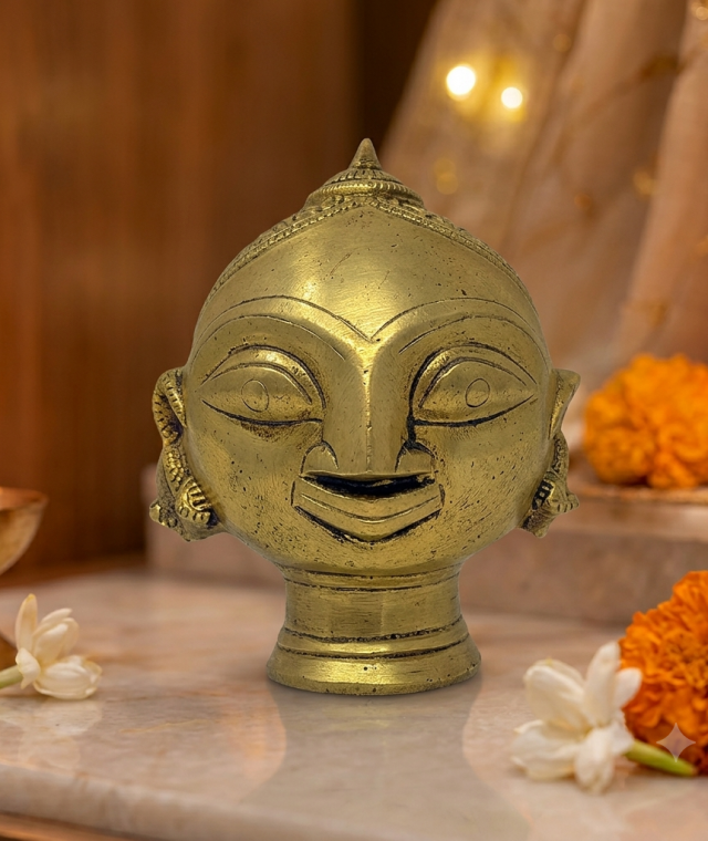 AROOTI Brass Gauri Head Figurine - Antique Lord Shiva's Consort Parvati Mask for Ganesha Festival & Pooja, Decor & Spiritual Gifting