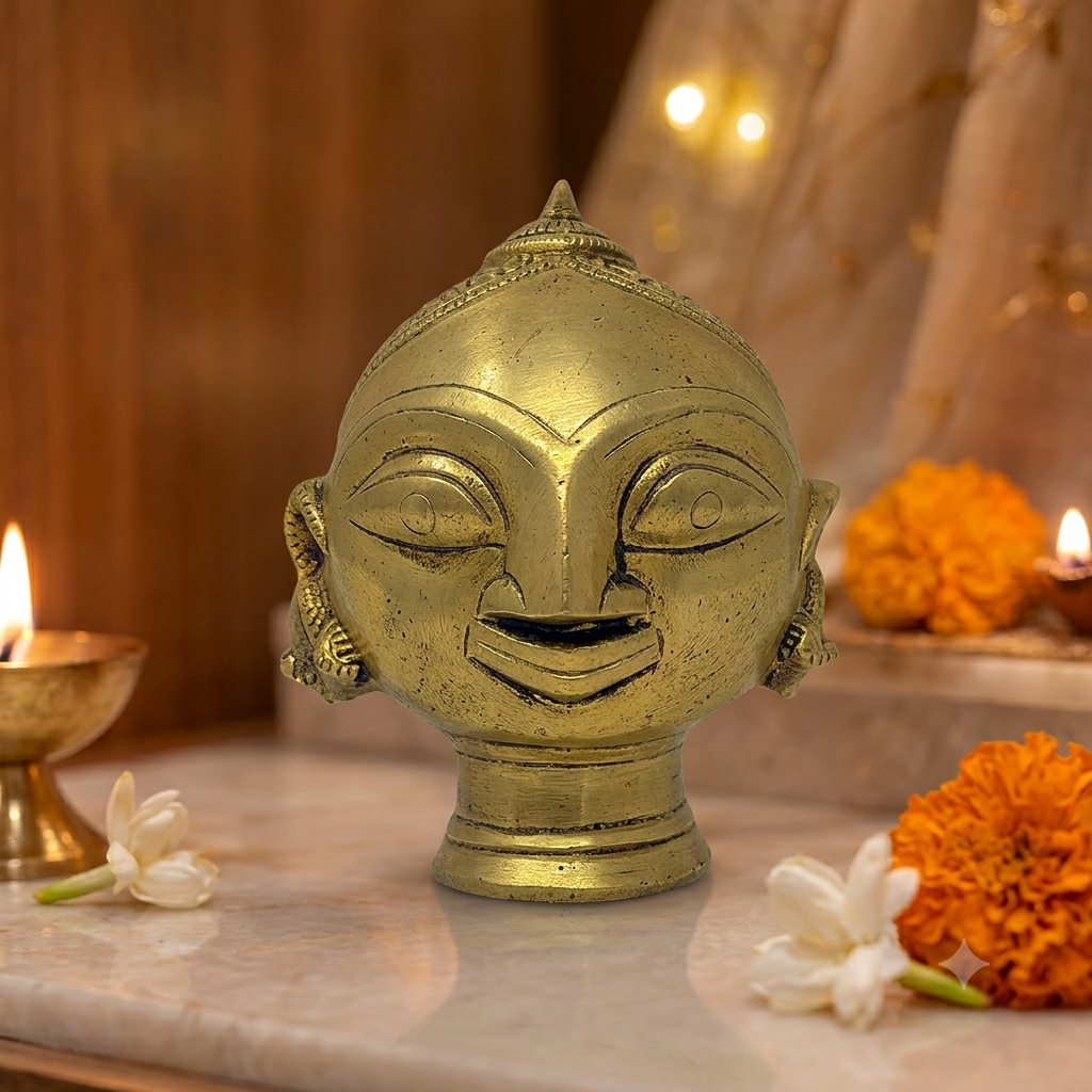 AROOTI Brass Gauri Head Figurine - Antique Lord Shiva's Consort Parvati Mask for Ganesha Festival & Pooja, Decor & Spiritual Gifting