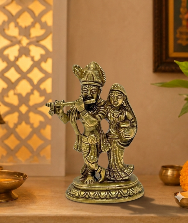 AROOTI Brass Radha Krishna Idol | Traditional Radha Kishan Murti Standing Playing Flute | 11.5cm Height