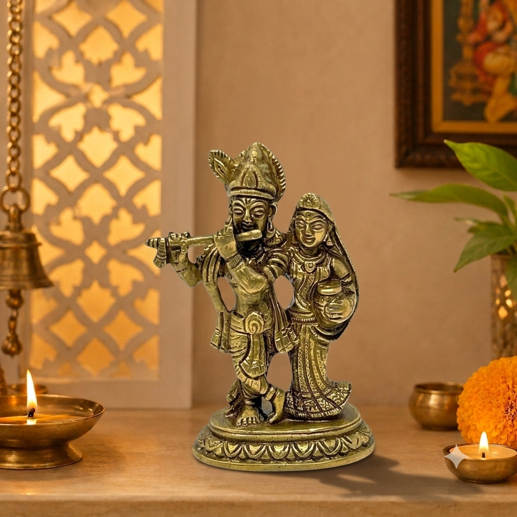 AROOTI Brass Radha Krishna Idol | Traditional Radha Kishan Murti Standing Playing Flute | 11.5cm Height