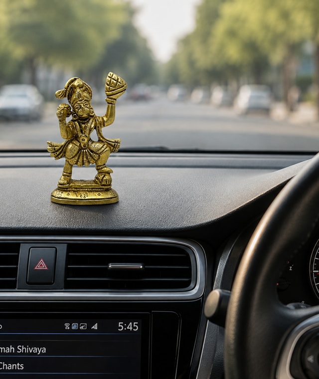 AROOTI Divine Brass Veer Hanuman Idol for Car Dashboard - Small 8.5cm Bajrangbali Statue Holding Mountain for Vastu Protection, Home Mandir