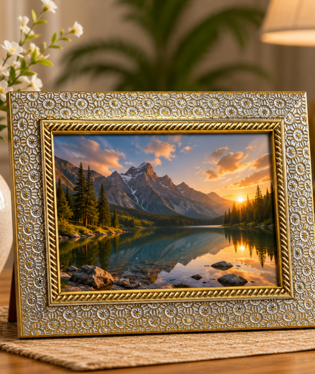 AROOTI 4 x 6 Inch Silver Color Landscape Photo Frame with Elegant Flower Pattern | Decorative Tabletop Picture Frame for Home Décor