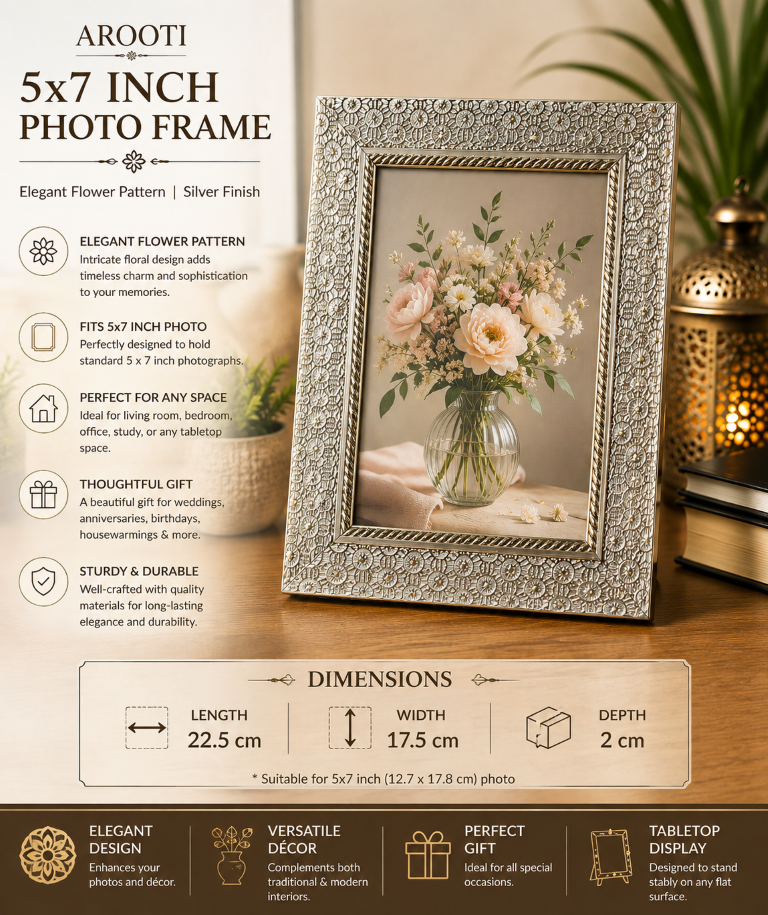 AROOTI 4 x 6 Inch Silver Color Portrait Photo Frame with Elegant Flower Pattern | Decorative Tabletop Picture Frame for Home Décor - Image 2