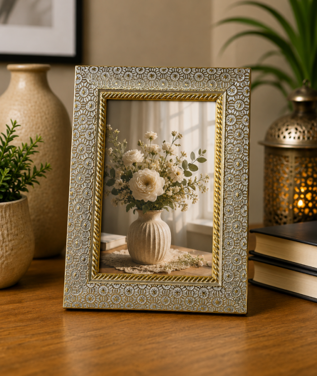 AROOTI 5x7 Inch Silver Color Portrait Photo Frame with Elegant Flower Pattern | Decorative Tabletop Picture Frame for Home Décor