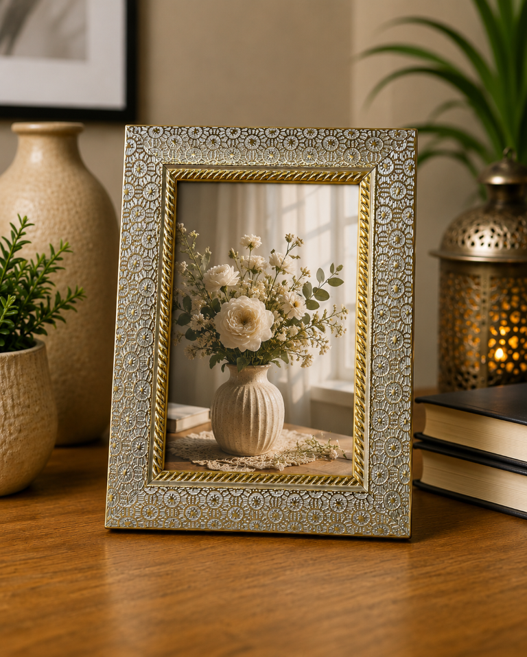 AROOTI 4 x 6 Inch Silver Color Portrait Photo Frame with Elegant Flower Pattern | Decorative Tabletop Picture Frame for Home Décor