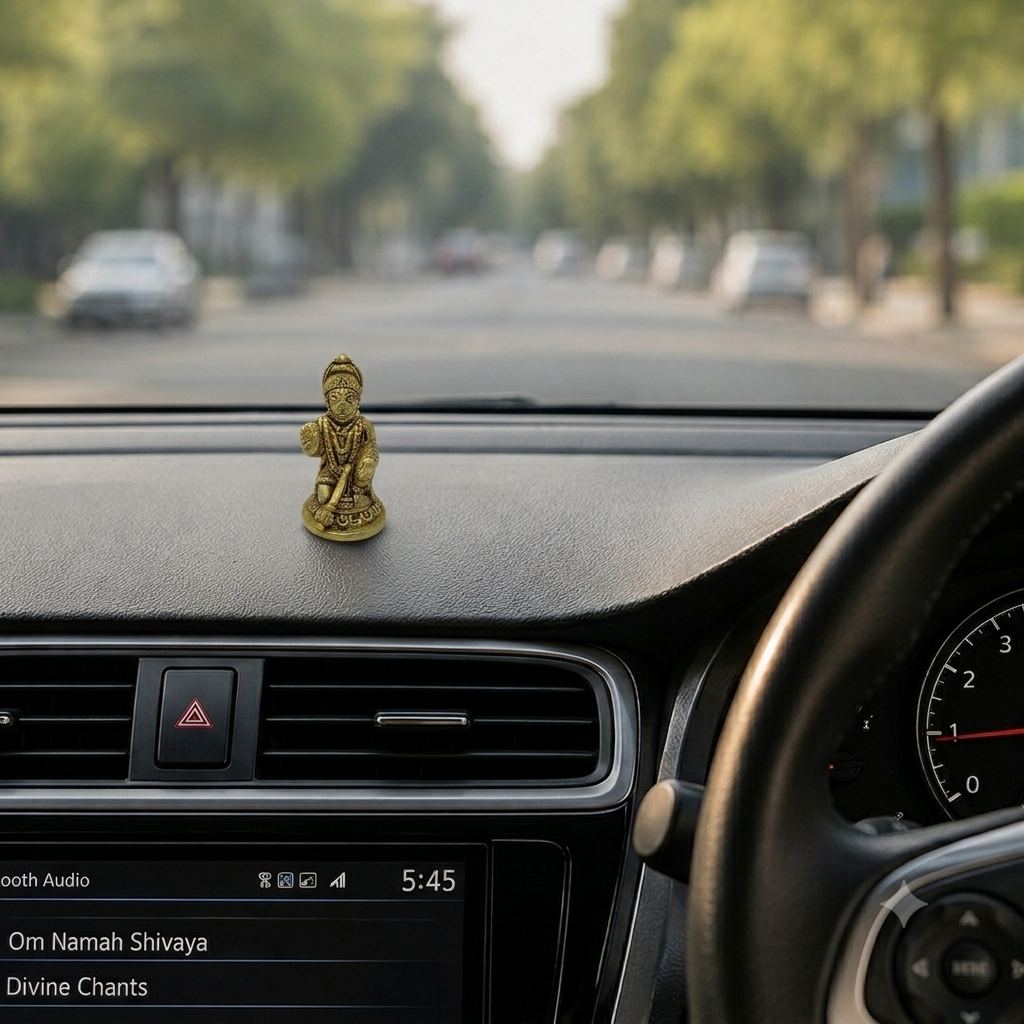 AROOTI Pure Brass Hanuman Idol for Car Dashboard - Small Gada Hanuman Murti for Home Temple & Office Desk | 7.5 cm