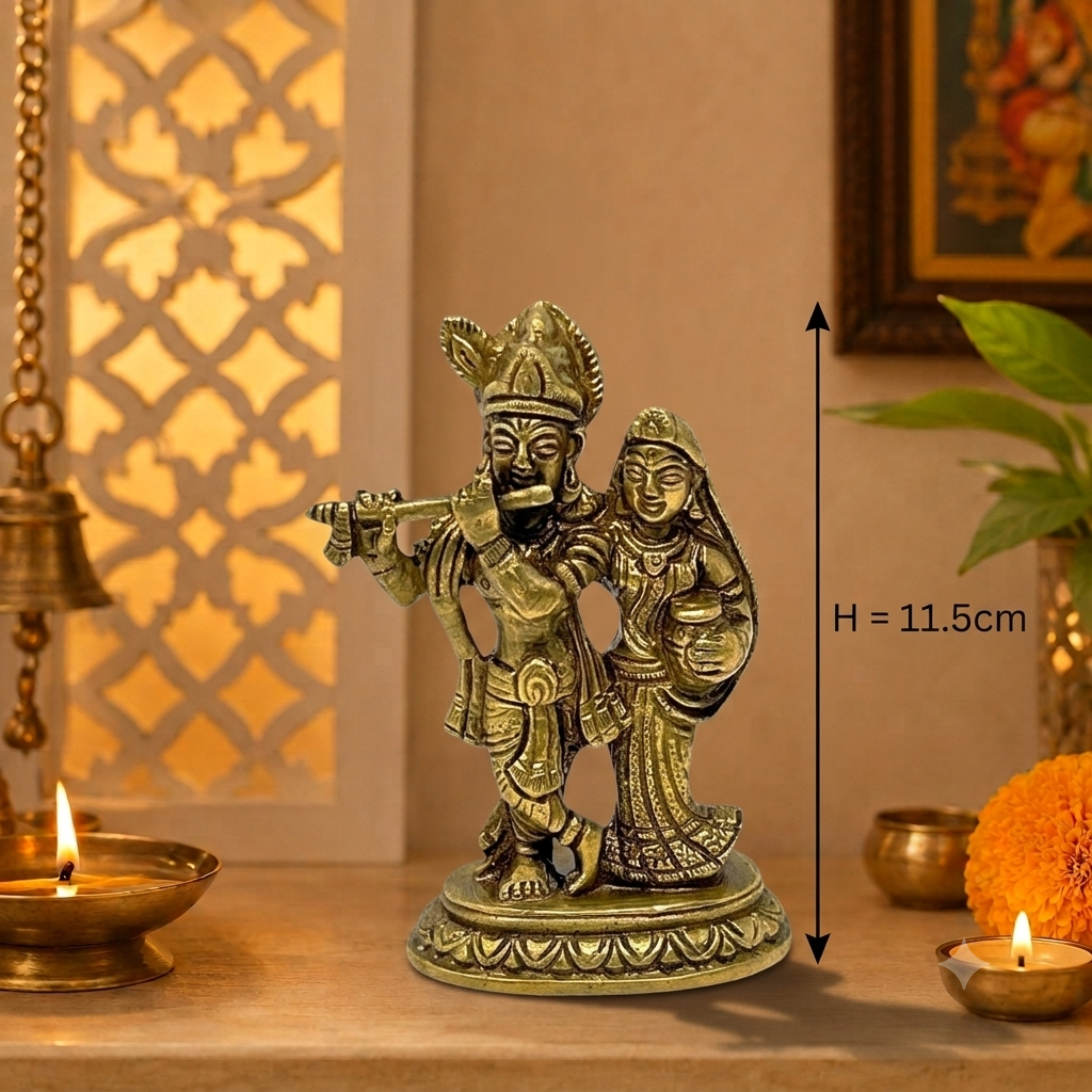 AROOTI Brass Radha Krishna Idol | Traditional Radha Kishan Murti Standing Playing Flute | 11.5cm Height - Image 2