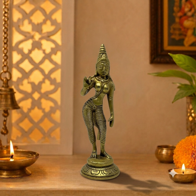 AROOTI Ashirvaad Lady Brass Figurine in Abhaya Mudra | Traditional Indian Divine Blessing Pose Statue for Decor, Mandir, & Gifting - 14cm