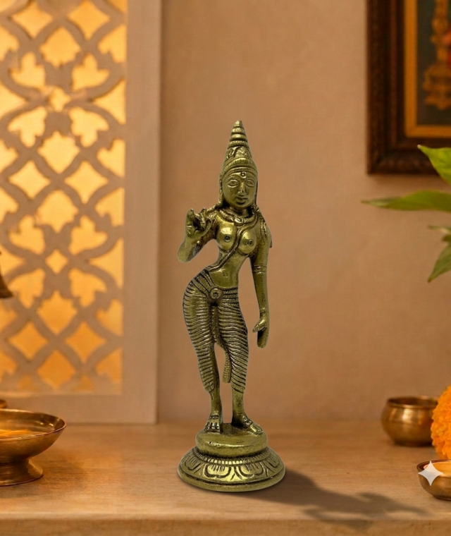 AROOTI Ashirvaad Lady Brass Figurine in Abhaya Mudra | Traditional Indian Divine Blessing Pose Statue for Decor, Mandir, & Gifting - 14cm