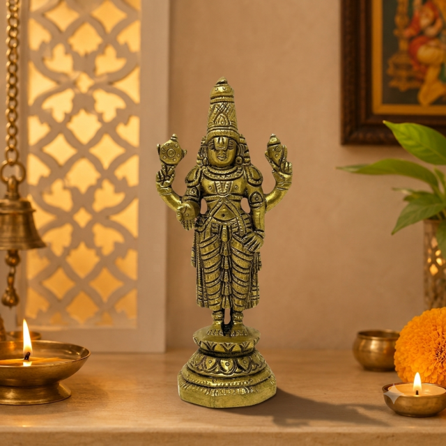 AROOTI Brass Vishnu Idol H=14 cm | Lord Vishnu Statue with Four Arms Holding Shankh & Chakra | Round Base | for Mandir Pooja Decor & Gifting