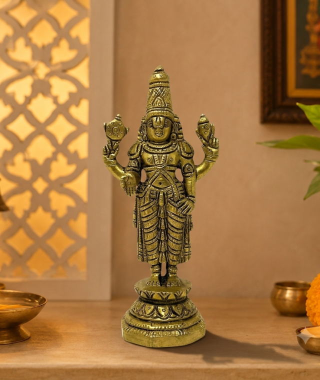 AROOTI Brass Vishnu Idol H=14 cm | Lord Vishnu Statue with Four Arms Holding Shankh & Chakra | Round Base | for Mandir Pooja Decor & Gifting