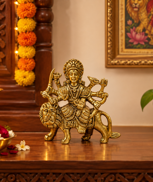 AROOTI Brass Durga Idol for Home Temple | Maa Durga Murti with Lion | 3 inch Brass Statue for Pooja Room, Mandir, Decor & Festive Gifting