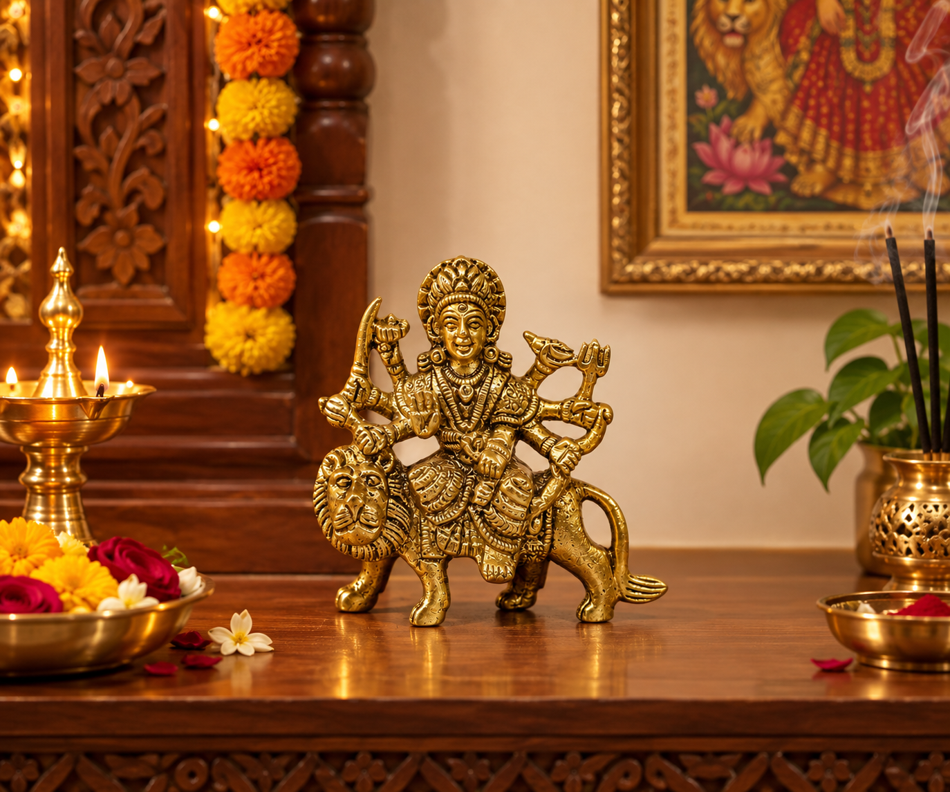 AROOTI Brass Durga Idol for Home Temple | Maa Durga Murti with Lion | 3 inch Brass Statue for Pooja Room, Mandir, Decor & Festive Gifting