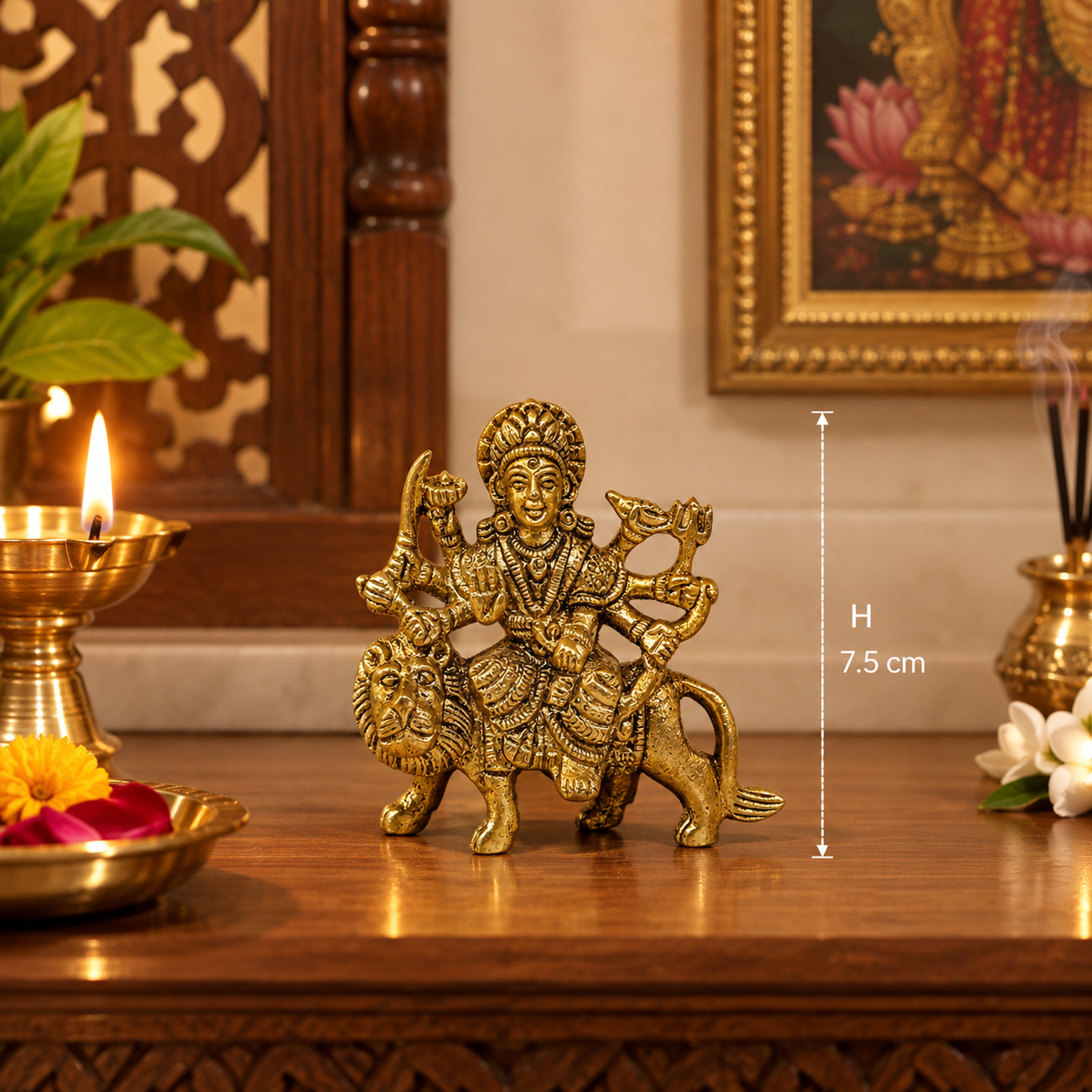 AROOTI Brass Durga Idol for Home Temple | Maa Durga Murti with Lion | 3 inch Brass Statue for Pooja Room, Mandir, Decor & Festive Gifting - Image 4