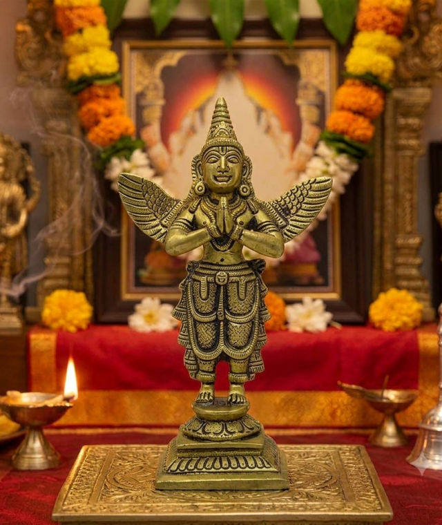 AROOTI Brass Garuda Idol (6 inch) | Antique Finish Lord Vishnu Vahana Statue for Home Temple, Puja Room, & Diwali Decor