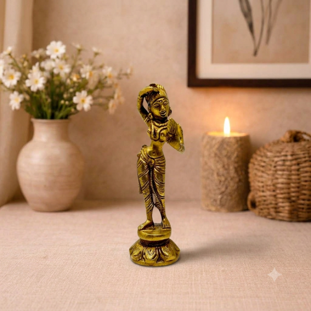 AROOTI Brass Mirror Lady Idol (Darpan Mohini) Statue for Home Decor & Gifting - Brass Gold Finish Handcrafted Indian Art Figurine (H=13.5cm)