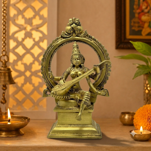AROOTI Brass Goddess Saraswati Idol on Pedestal with Veena and Aureole | Traditional Handmade Idol for Mandir, Knowledge & Arts, (H=6 Inch)