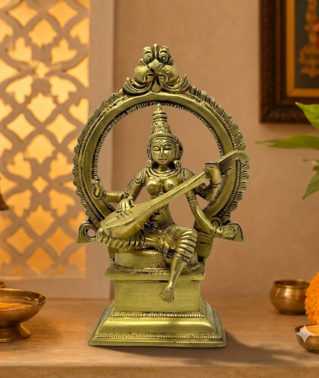 AROOTI Brass Goddess Saraswati Idol on Pedestal with Veena and Aureole | Traditional Handmade Idol for Mandir, Knowledge & Arts, (H=6 Inch)